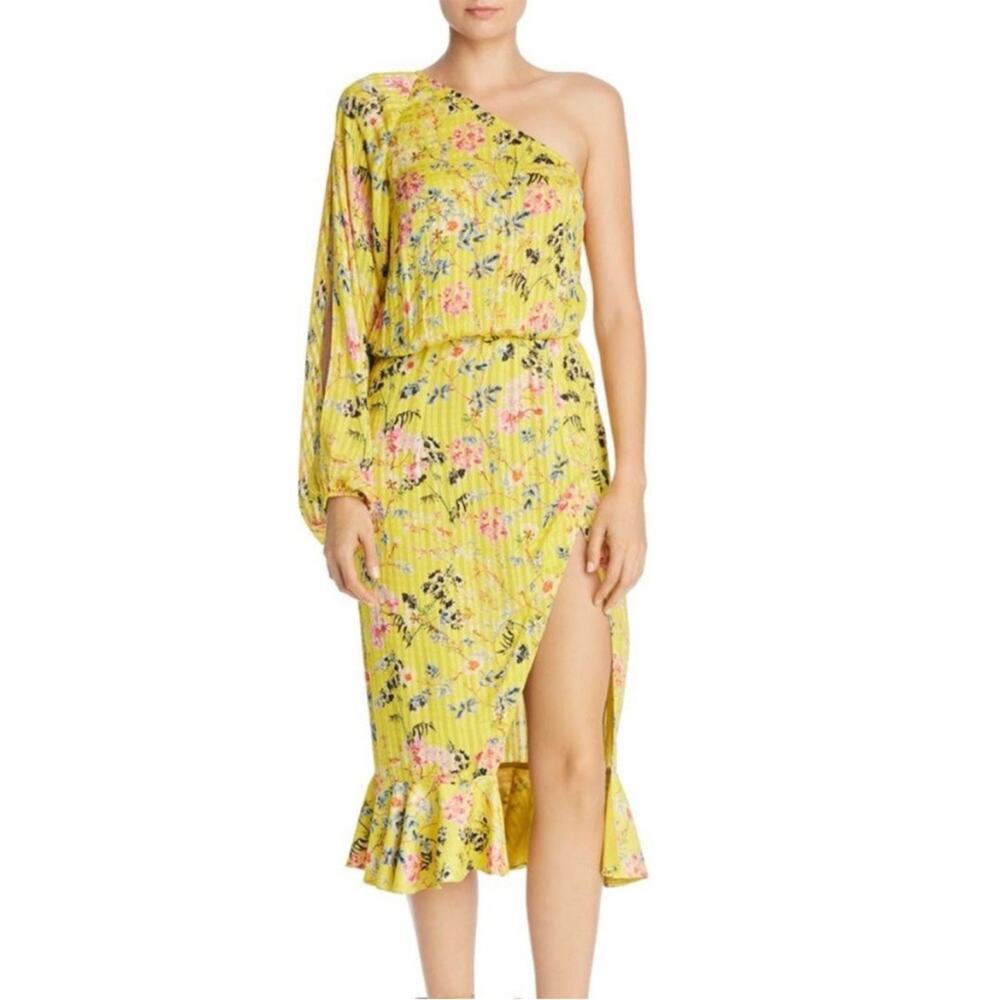 Hemant & Nandita Eden One Shoulder Yellow Floral Midi Dress Sz S